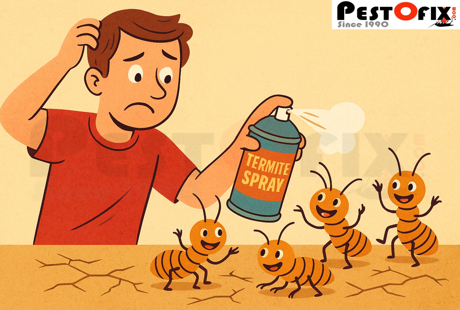 Funny cartoon termites ignoring DIY spray