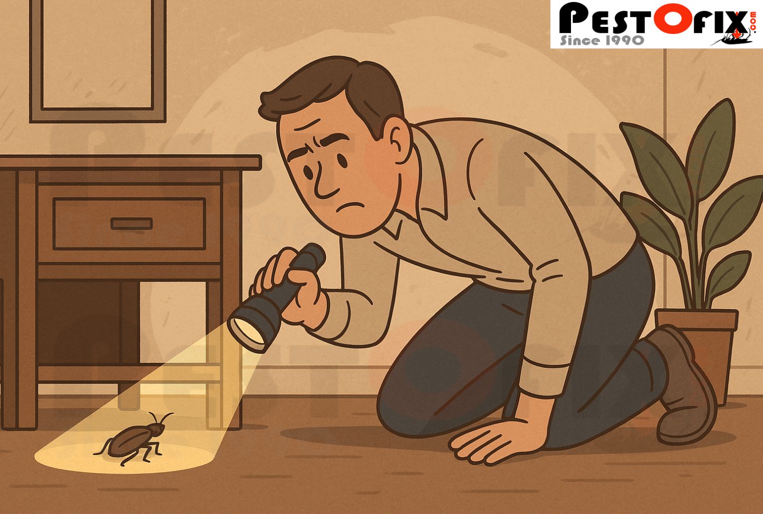 Illustration of a man searching for a cockroach hiding under furniture with a flashlight