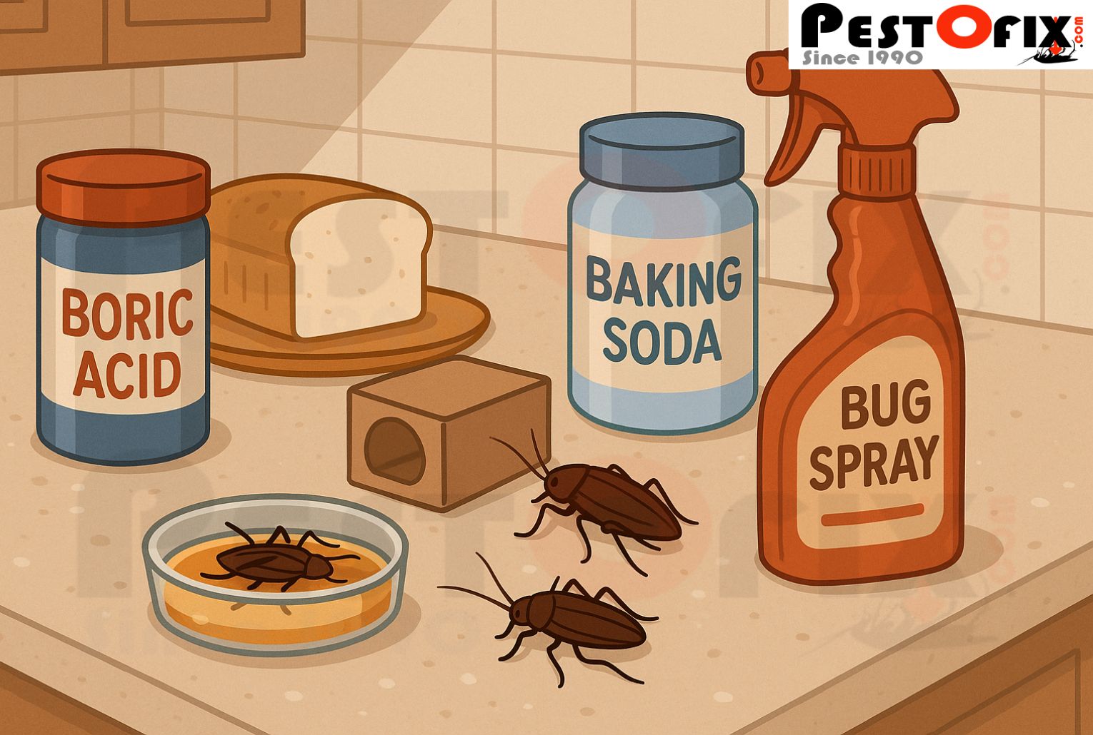 Illustration showing boric acid, baking soda, bug spray, and cockroach traps being used incorrectly on a kitchen counter