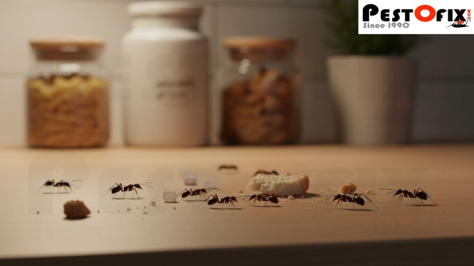 Ants crawling over food crumbs inside a pantry during winter, showing hidden indoor pest activity