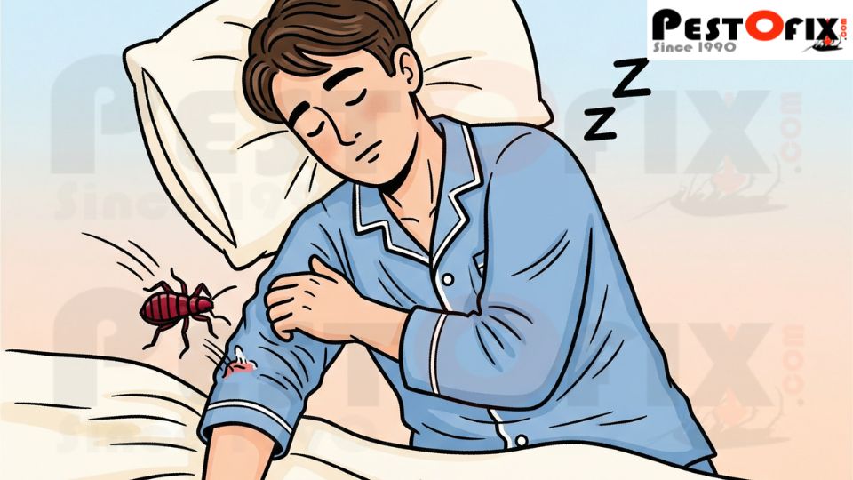 Close-up of irritated, red, itchy skin caused by bed bug bites on a person's arm