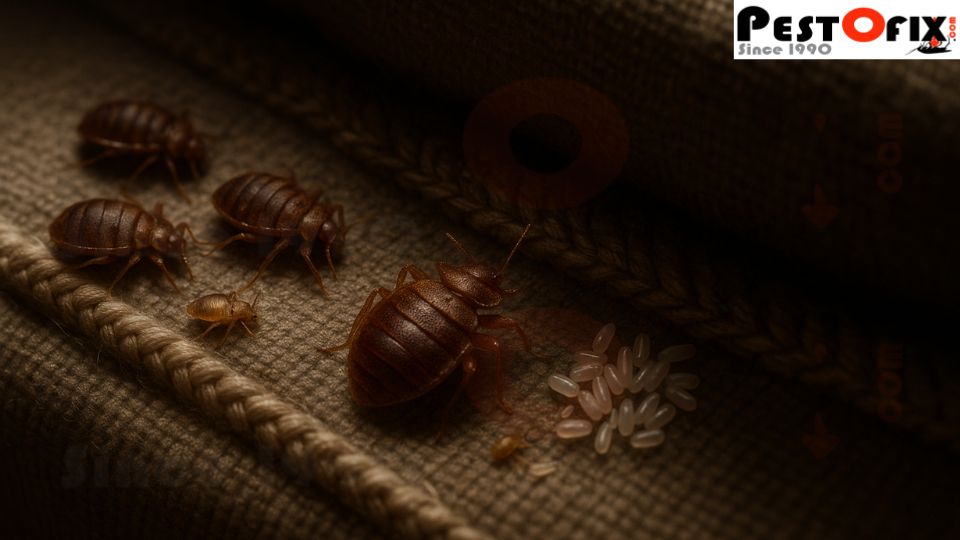 Bed bug colony with eggs hidden in mattress seam