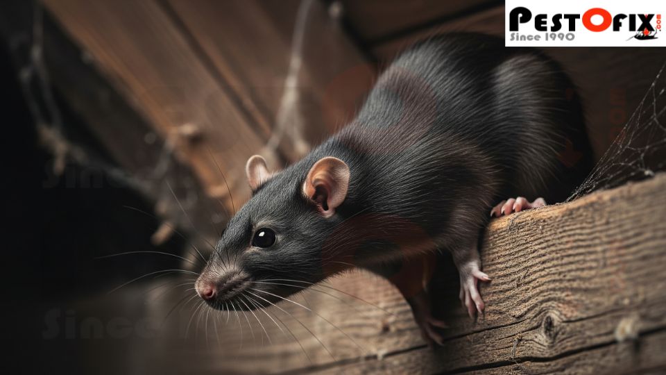 Black rat climbing along a wooden beam inside a dimly lit attic