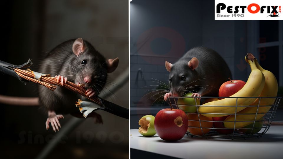 Rat chewing wires and mouse near kitchen food container side by side