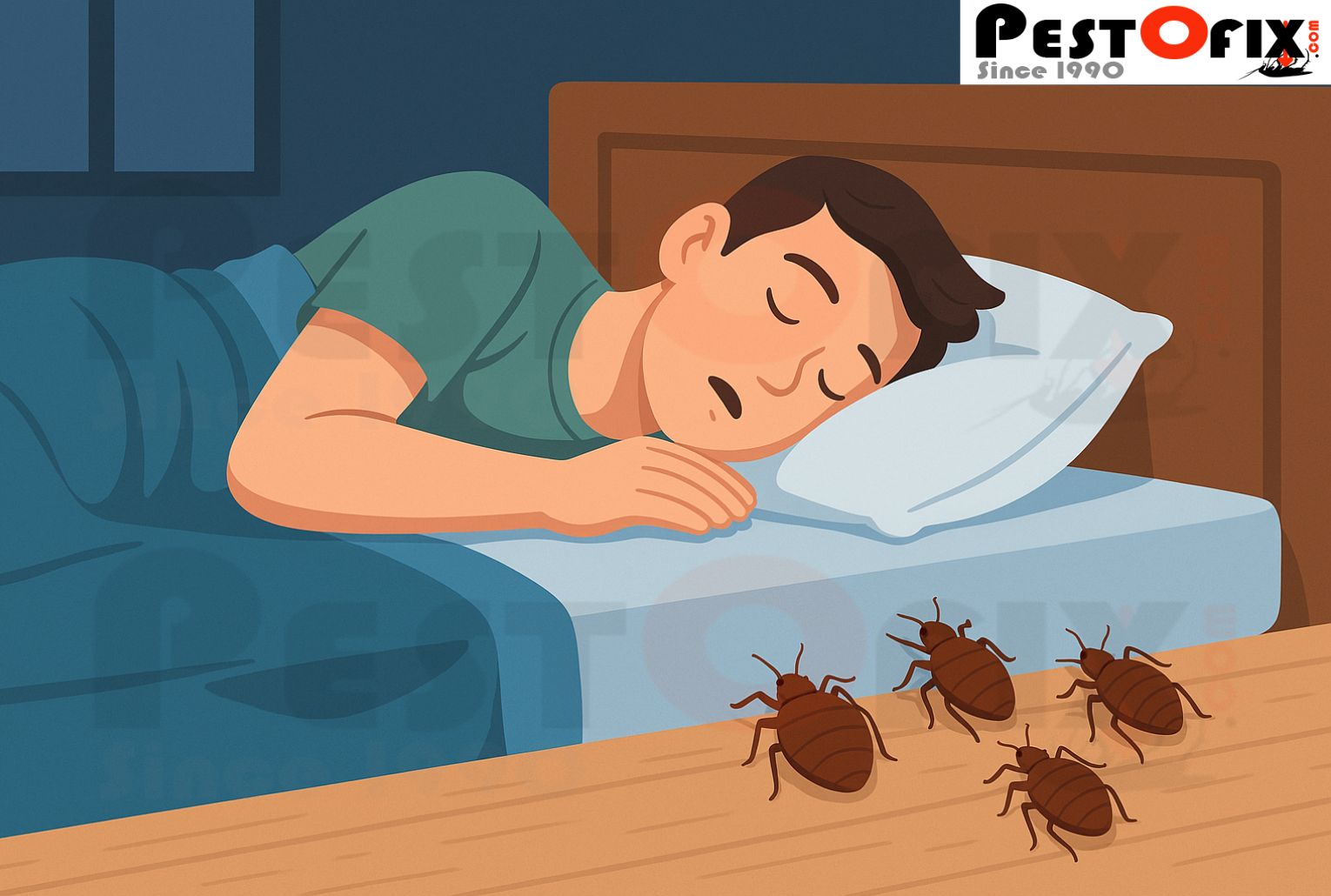 Illustration of bed bugs crawling toward a sleeping boy's mattress
