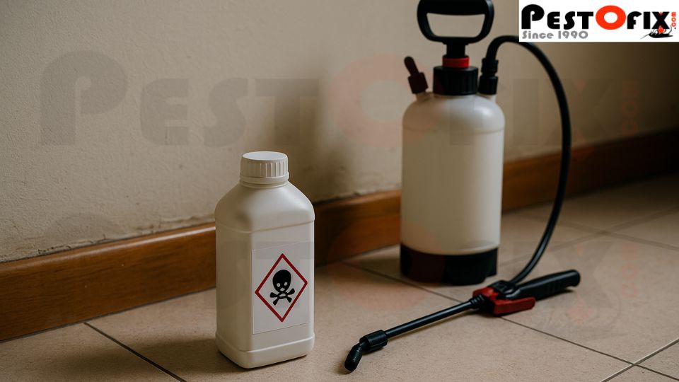 A hazardous chemical bottle with a danger symbol placed on a home floor beside a hand sprayer, showing preparation for a cheap termite treatment