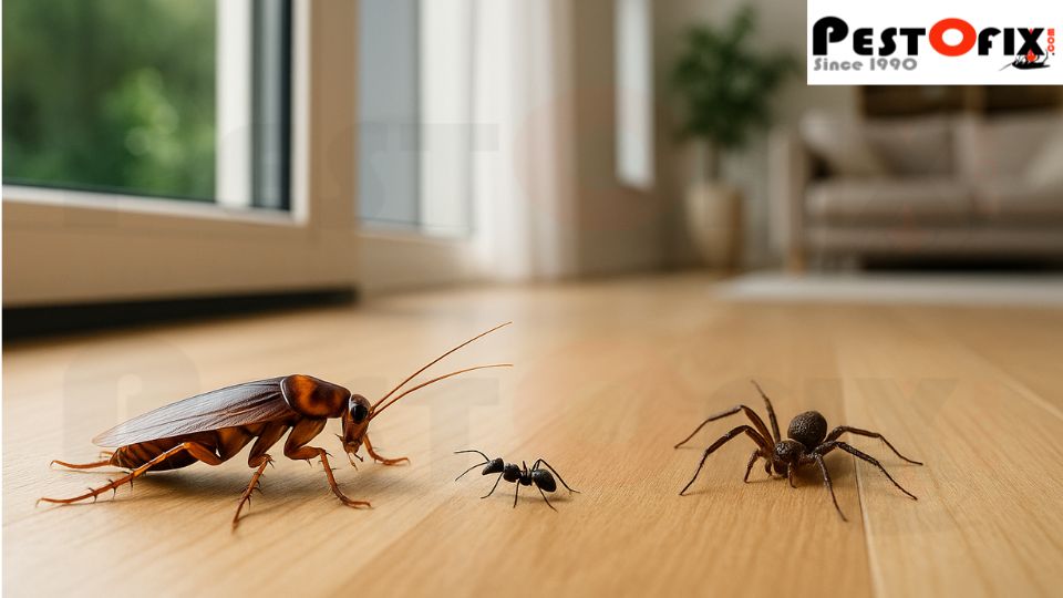 Cockroach, ant, and spider attempting to enter a clean Gurgaon home through window gaps