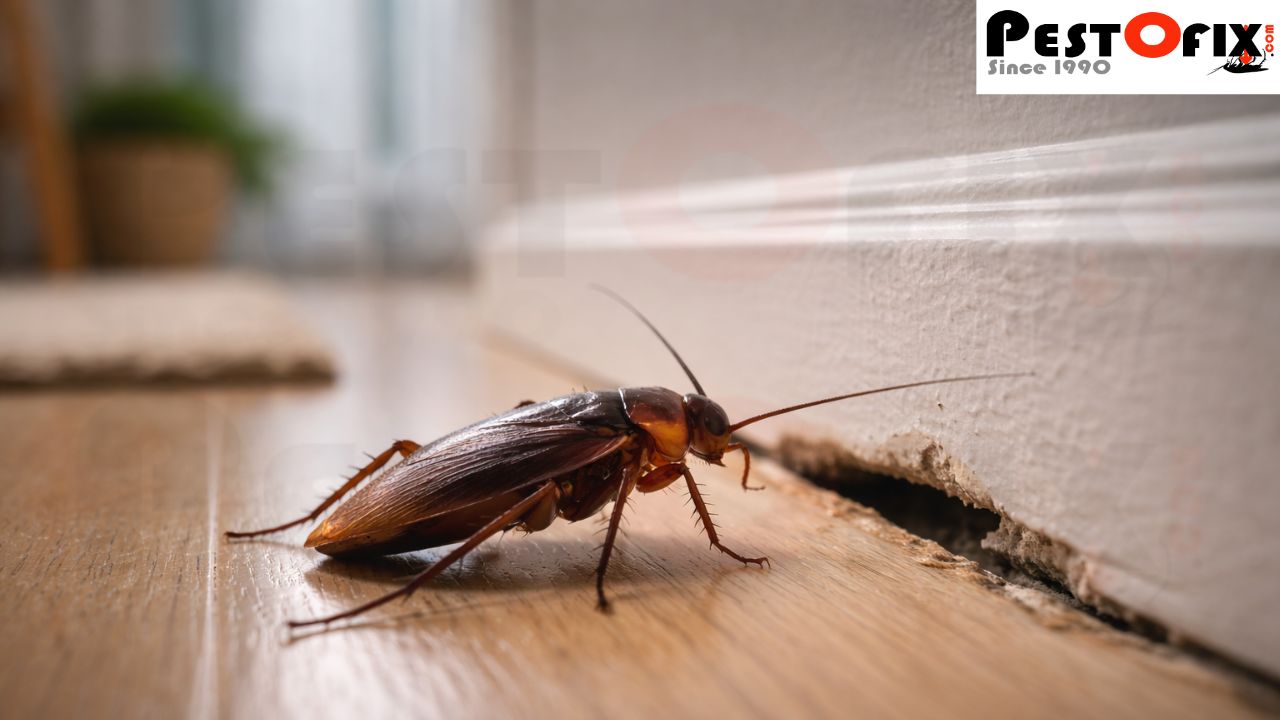 Cockroach moving along wall edges and entering cracks inside a clean home, showing natural indoor behaviour