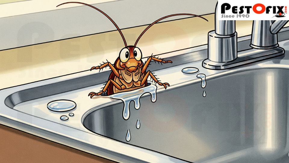 Illustration of cockroach coming out of a kitchen sink during monsoon in a modern Gurgaon home