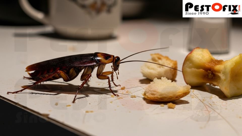 Cockroach crawling near leftover food on a kitchen counter
