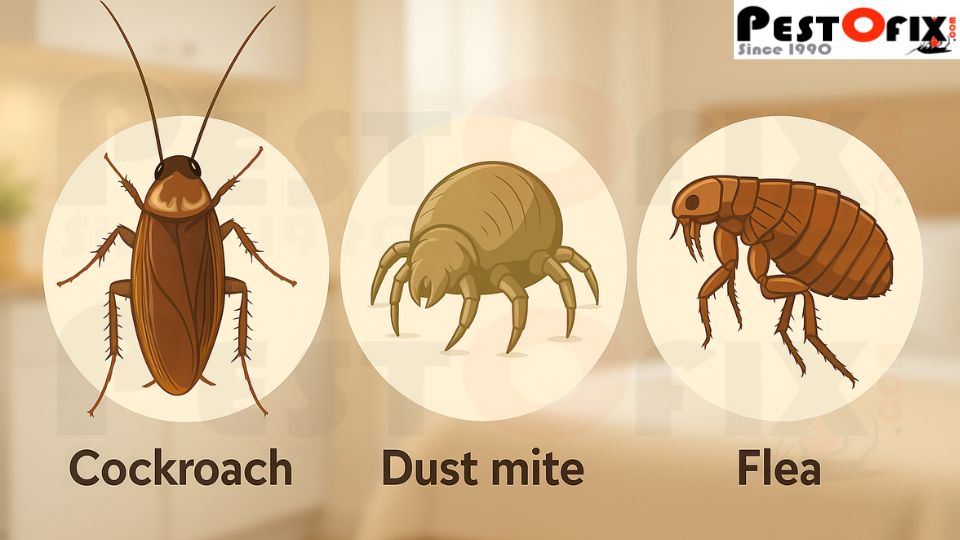 Illustration of cockroach, dust mite, and flea as common household pests causing allergies