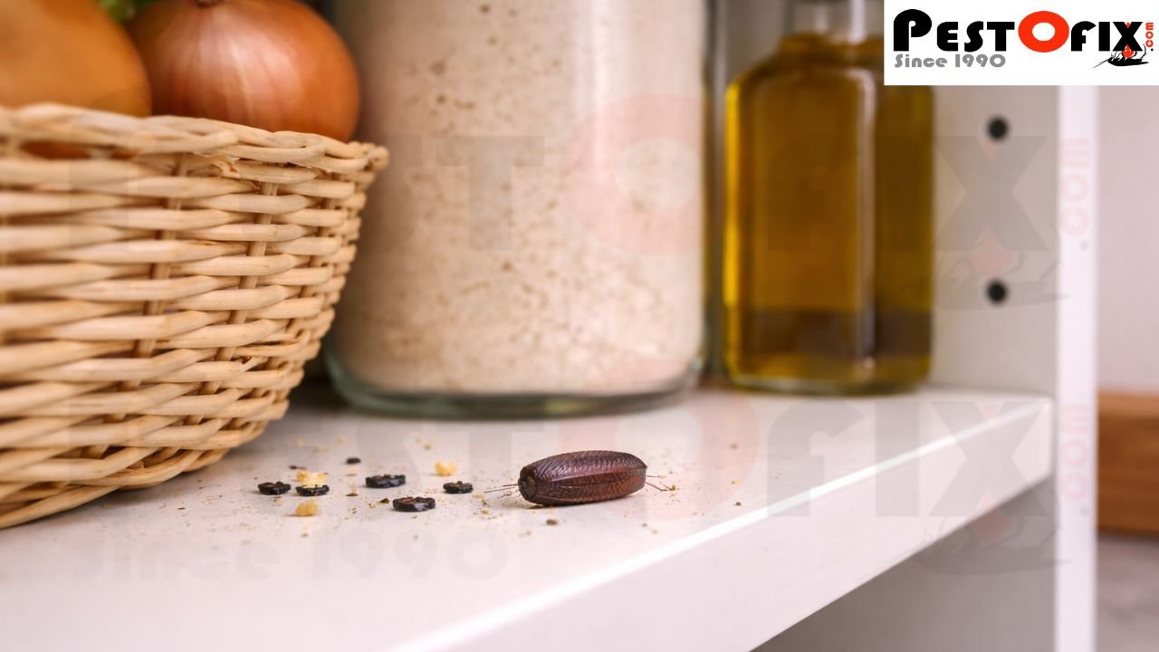 Cockroach egg case found near kitchen storage area indicating indoor breeding activity