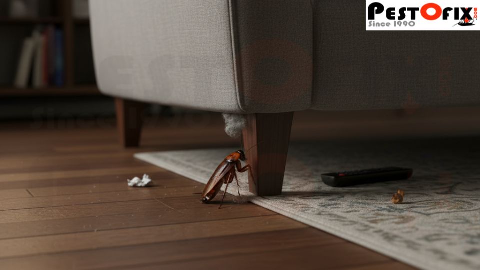 Cockroach hiding near sofa leg in living room