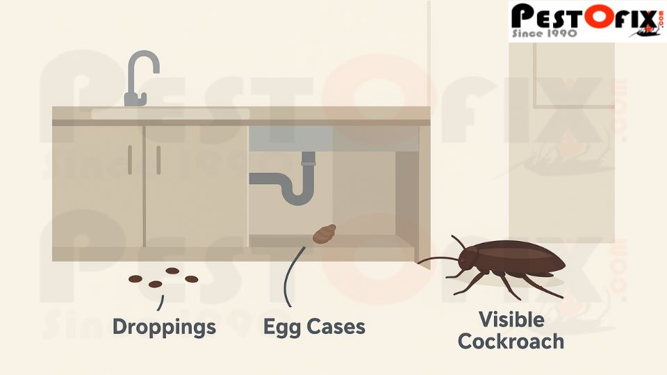Diagram showing cockroach infestation signs in Delhi homes including droppings, egg cases, and visible cockroach