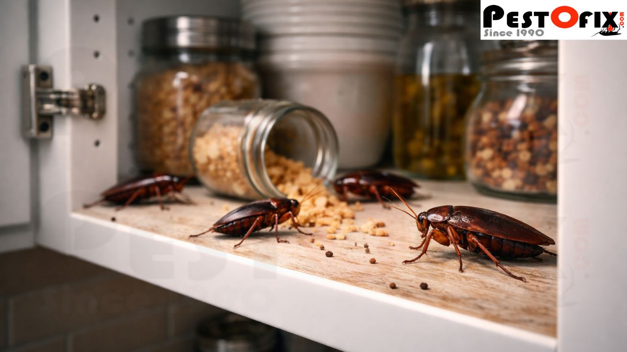 Cockroach infestation inside kitchen cabinets in a clean home showing multiple cockroaches near food storage
