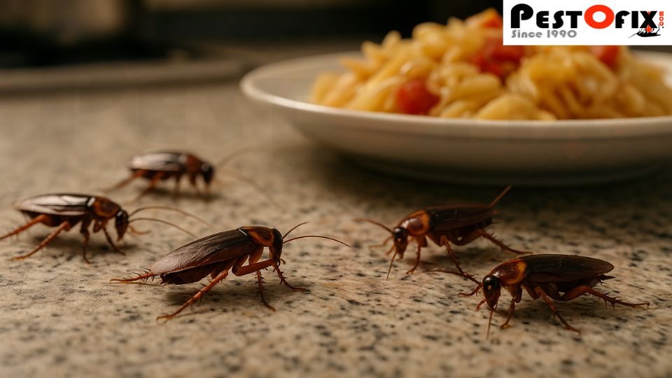 Severe cockroach infestation near food on a kitchen slab in a Delhi NCR home