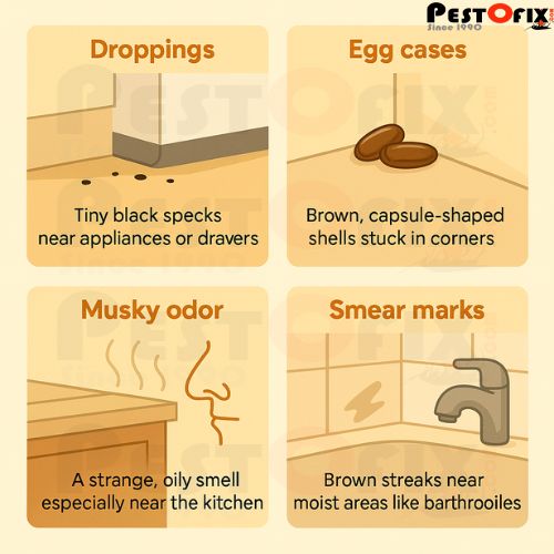 Infographic diagram showing cockroach infestation signs: droppings, egg cases, musky odor, and smear marks