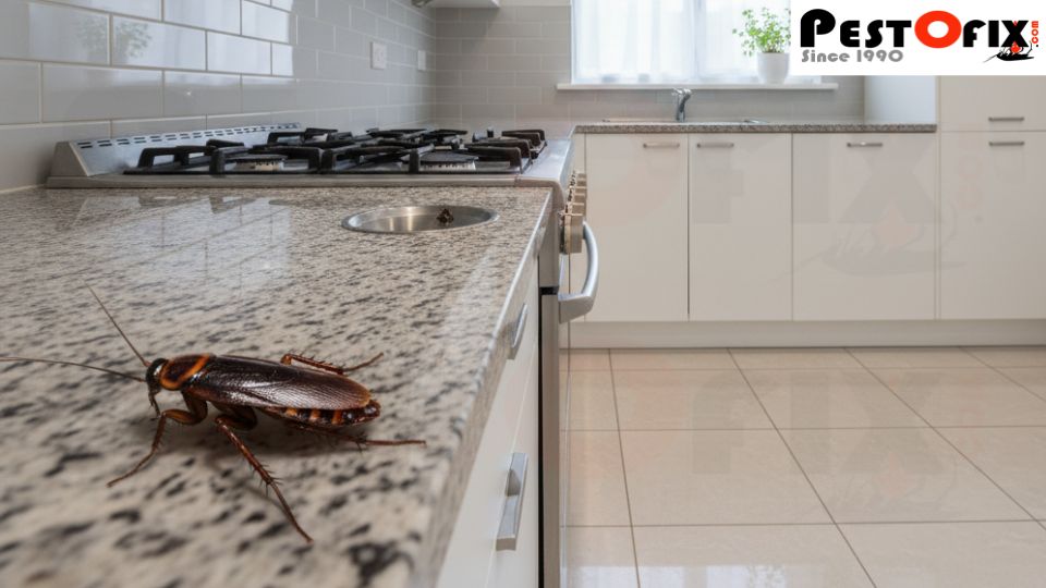 Cockroach crawling near gas stove in a modern, clean kitchen during winter months