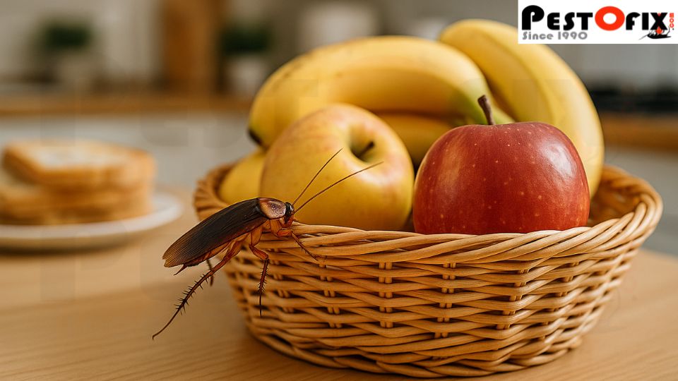 Cockroach on fruit basket with apples and bananas in a kitchen