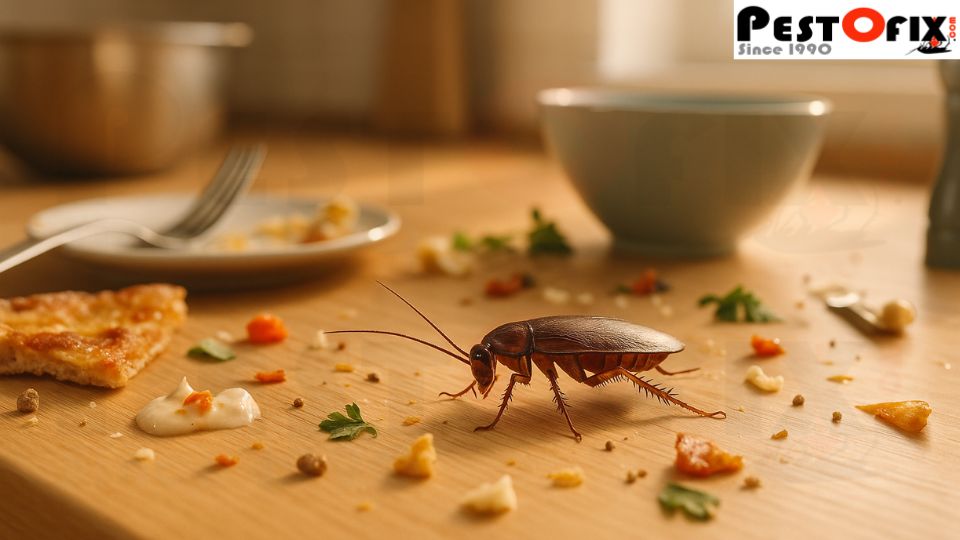 Cockroach crawling on kitchen table with food leftovers and utensils