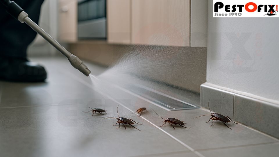 Cockroach Preventive spray applied along kitchen floor and drain with cockroaches running away