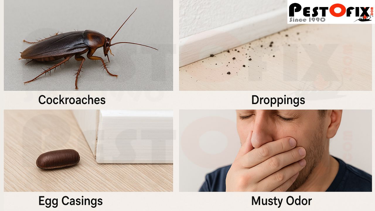 Cockroach infestation signs in kitchen and bathrooms