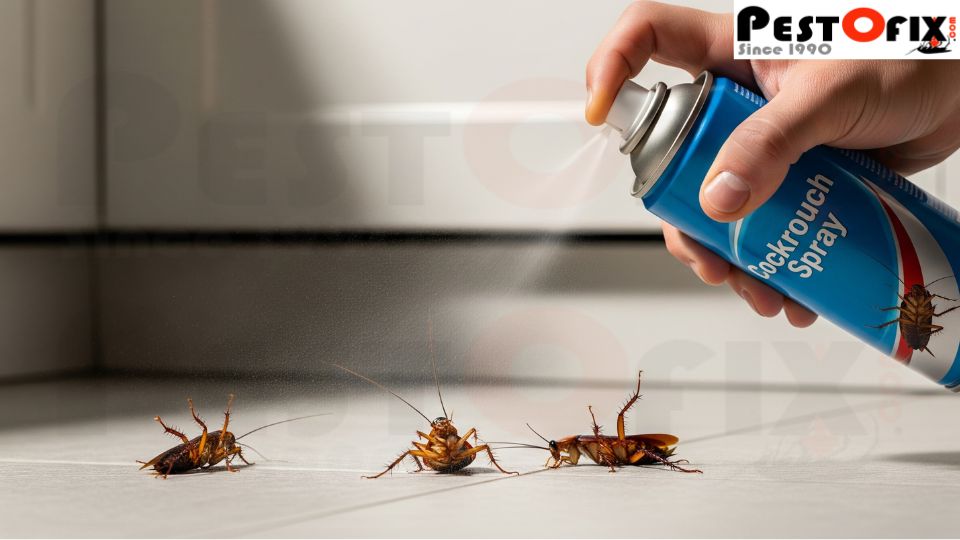 Realistic photo of a hand spraying cockroach insecticide on 2-3 cockroaches crawling on a tiled kitchen floor near a wall