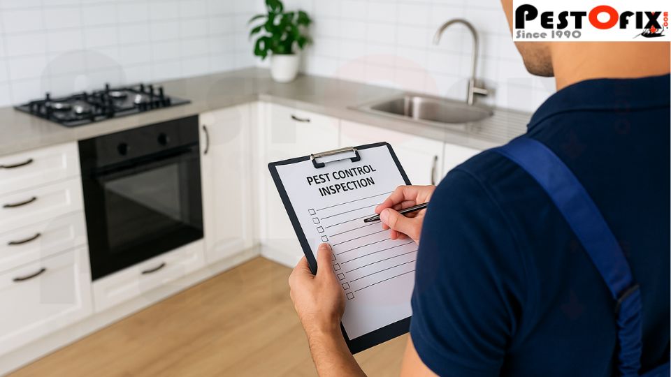 Technician inspecting Gurgaon kitchen with pest control checklist