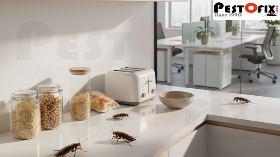 3–4 cockroaches crawling on a modern office pantry shelf