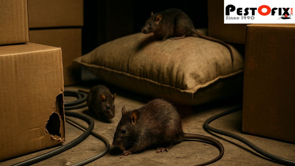 Rats spotted inside a warehouse storage area in Delhi NCR showing signs of rodent infestation