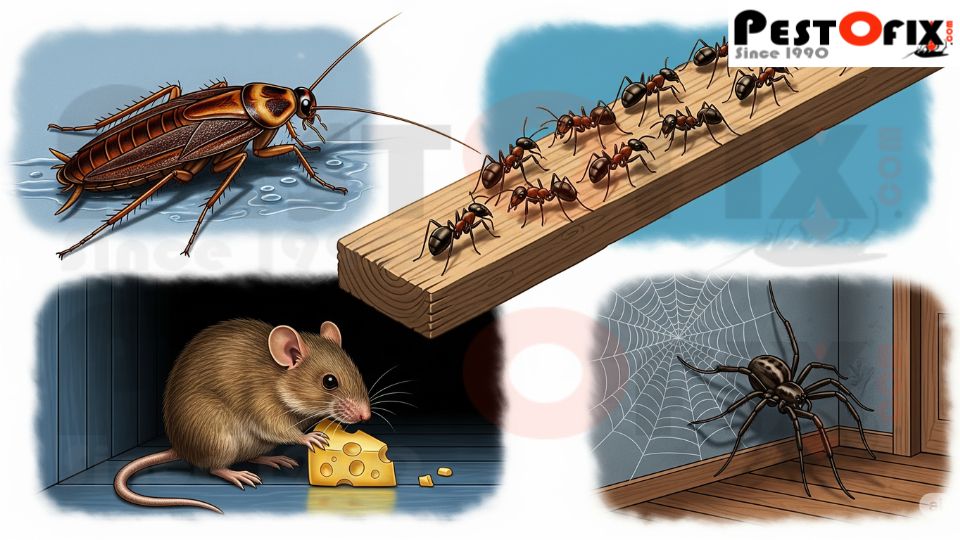 Common household pests in Gurgaon homes including cockroaches, rodents, ants, and spiders