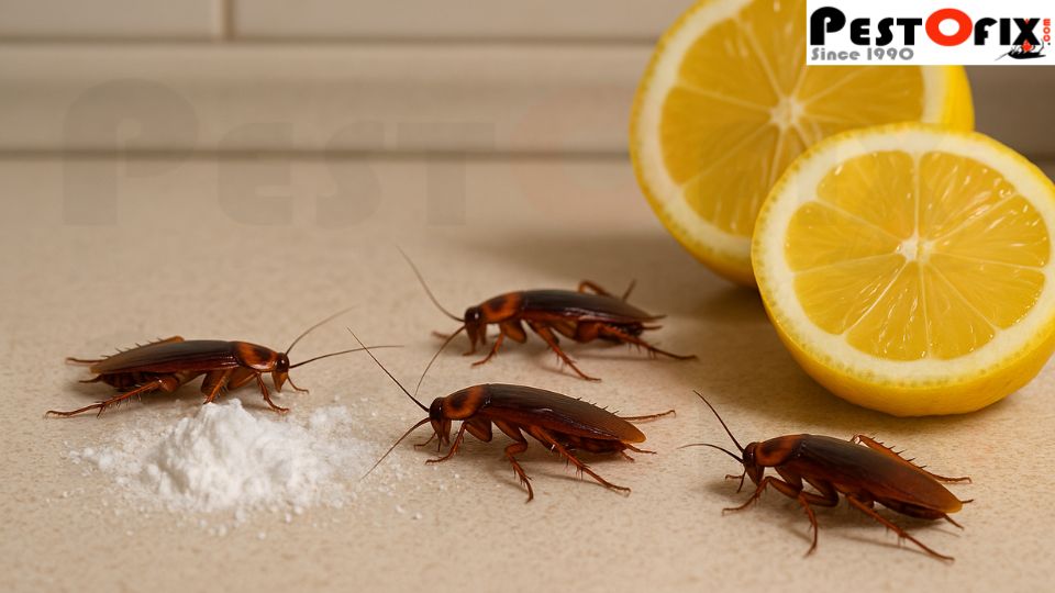 3 to 4 cockroaches crawling on a kitchen counter near baking soda and lemon slices, showing that home remedies fail to eliminate infestations