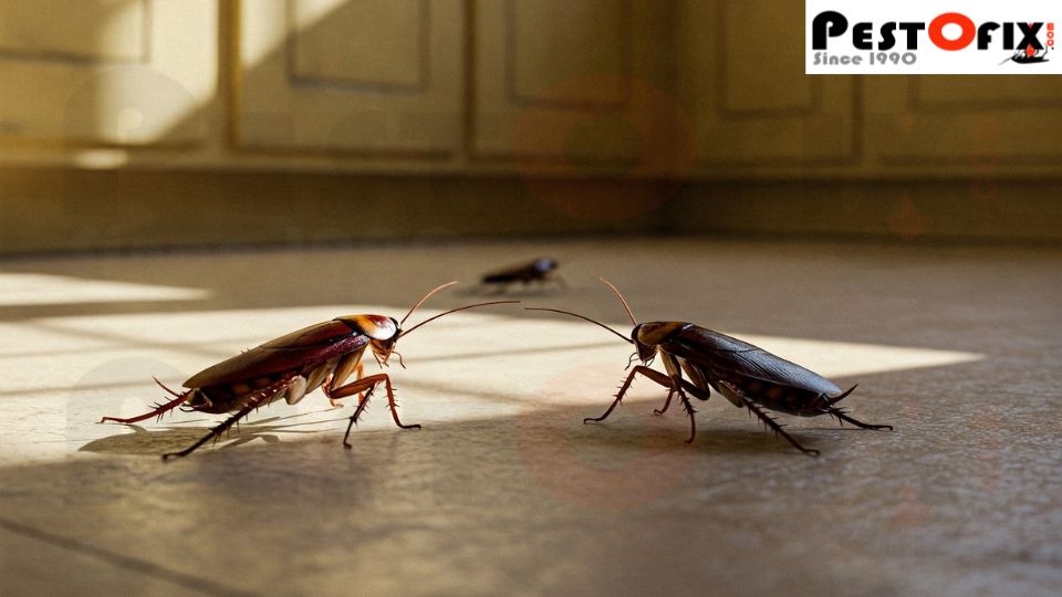 Visible cockroaches in kitchen with hidden infestation behind cabinets and walls, showing failure of DIY treatments