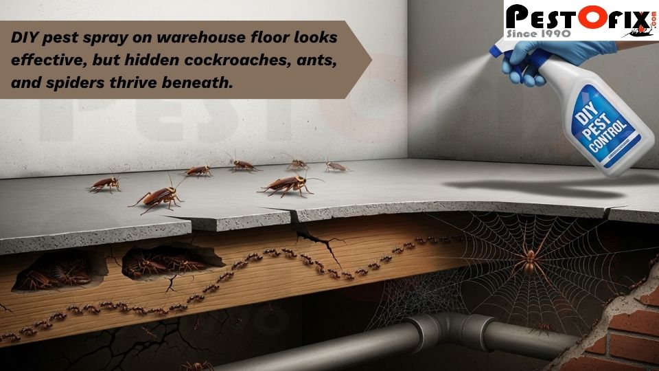 DIY sprays stacked in a warehouse corner while cockroaches, ants, and spiders continue to infest packaging and shelves