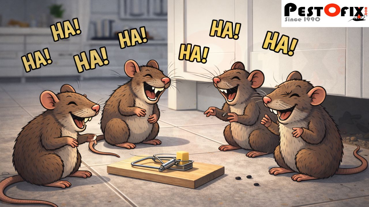 Illustration showing rats ignoring and mocking a DIY rat trap, symbolising why home remedies and one-time traps often fail