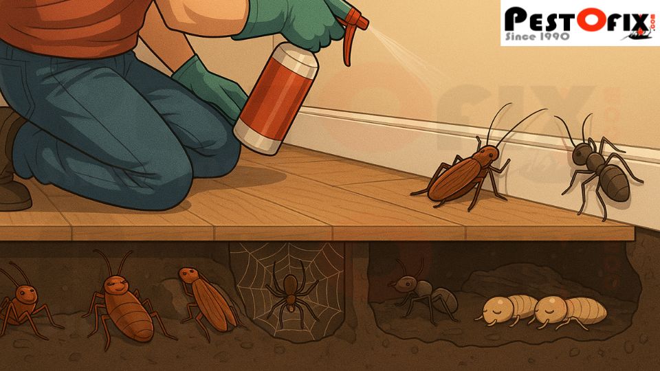 Man spraying DIY pest control on the wall and floor while pests relax behind the wall, unaffected
