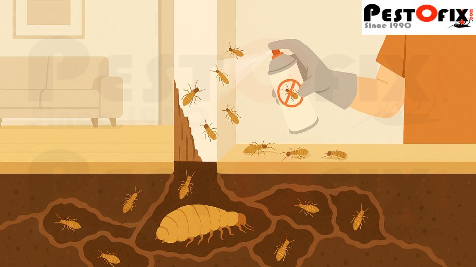 Homeowner spraying termites on the wall surface while a hidden underground colony remains active