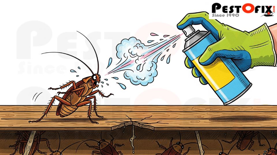 Illustration of man spraying DIY cockroach killer in kitchen while hidden infestation remains alive behind sink and tiles during monsoon in Gurgaon