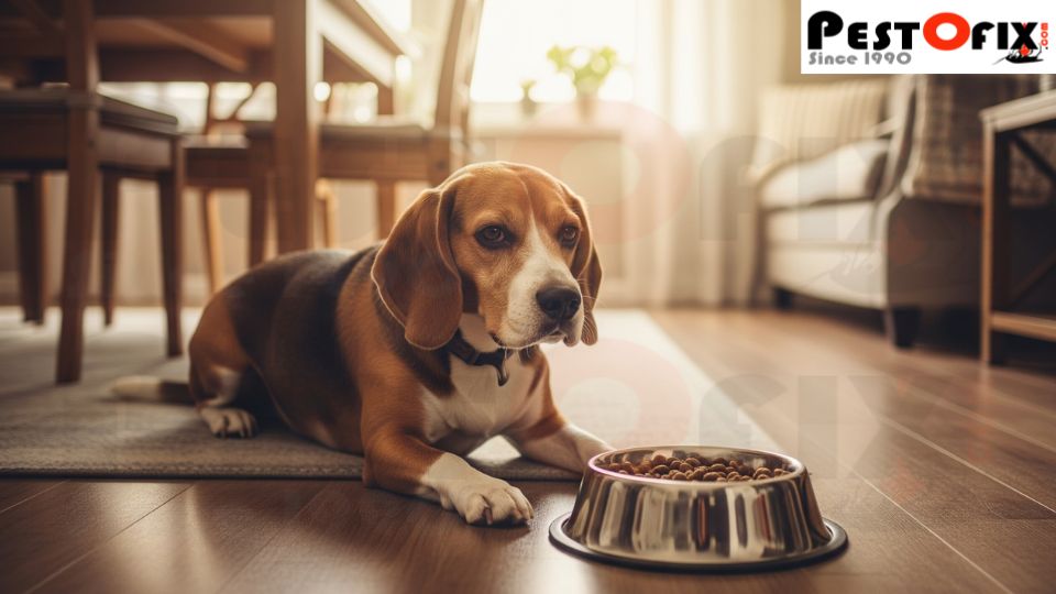 Dog sitting near bowl of food but showing no interest to eat