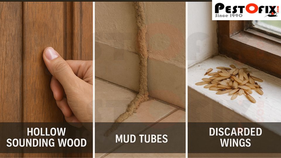 Collage showing early signs of termite infestation: hollow sounding wood, mud tubes on wall, and discarded termite wings near a window