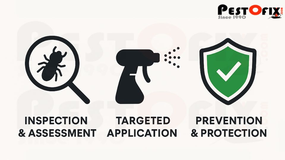 Eco-safe termite control process in Noida showing inspection, application, protection, and eco commitment steps