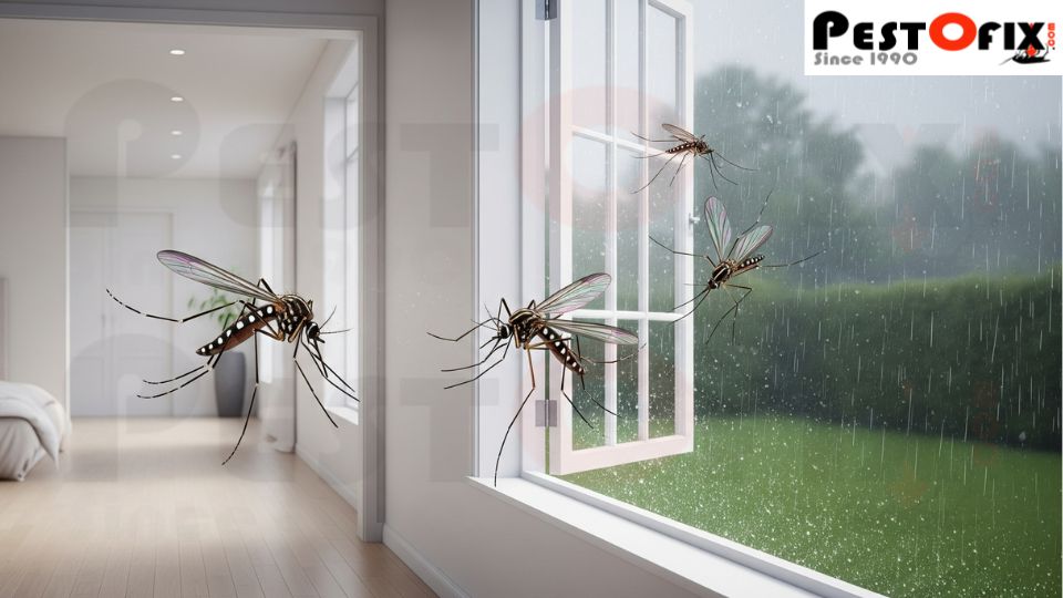 Illustration of mosquitoes returning after one-time pest control during monsoon