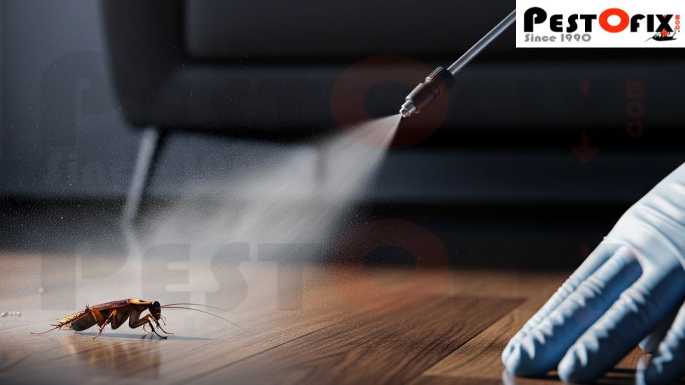 Professional pest control technician spraying chemical directly on a cockroach to eliminate hidden home infestations.
