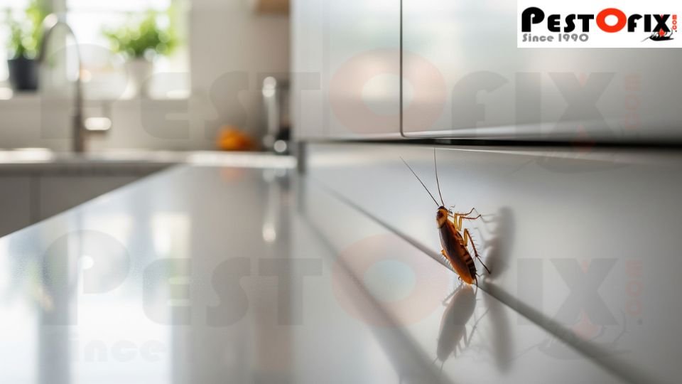 German cockroach emerging from a tiny crack in a spotless kitchen cabinet