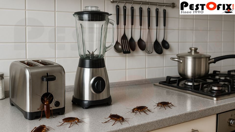 Realistic kitchen countertop with toaster, blender, and stove showing cockroaches hiding inside appliances and crawling on the slab despite a clean surface