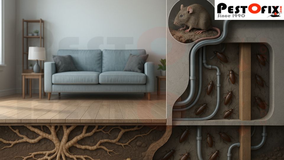 Cross-section view of a termite colony inside foundation with queen chamber and branching tunnels