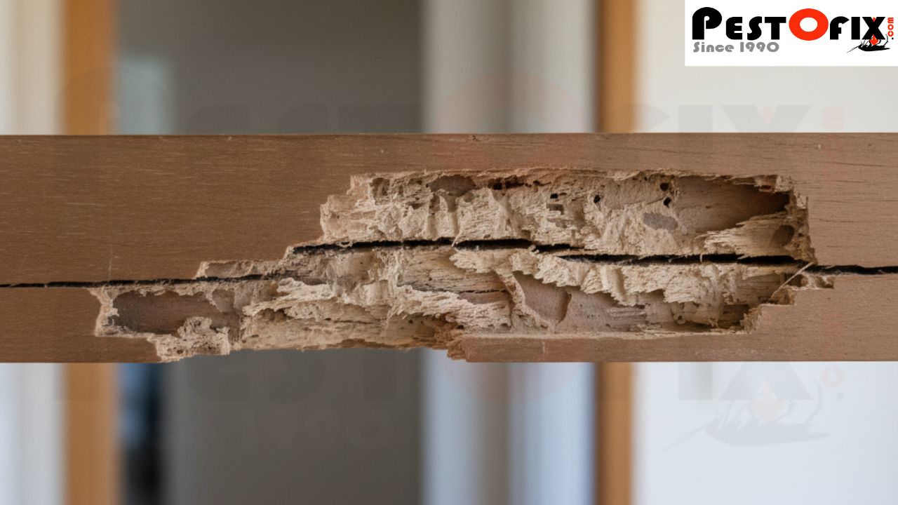 Hidden internal termite damage inside a wooden beam with intact outer surface