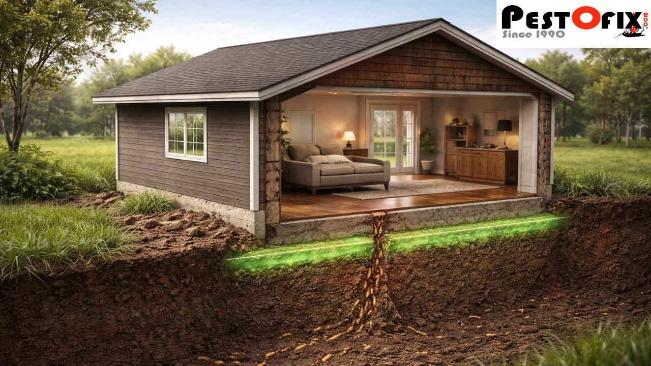 Isometric house cutaway showing termites in soil entering through weakened termite barrier after one-time treatment