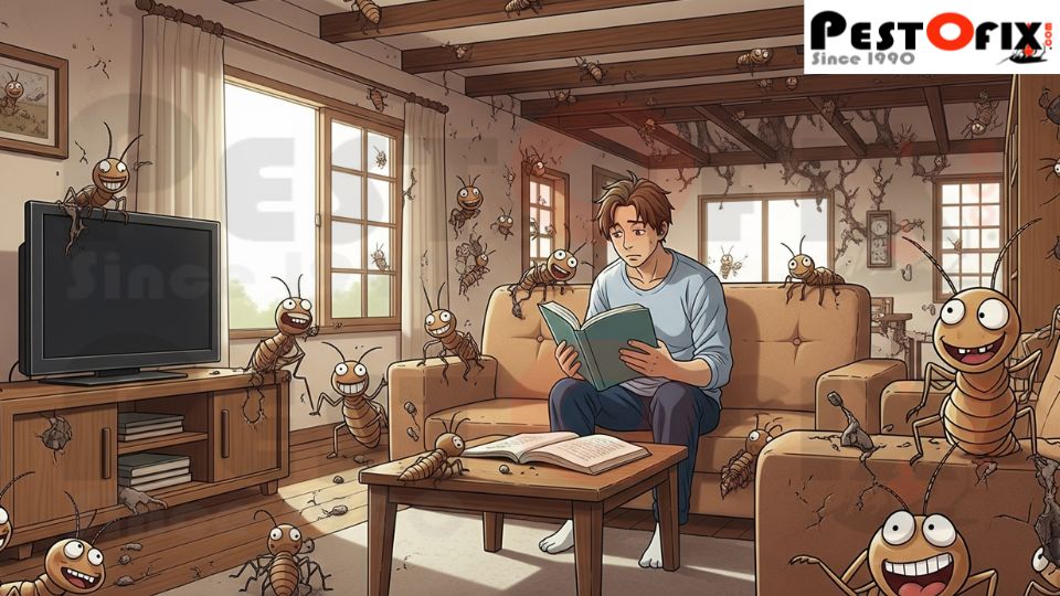 Man ignoring early signs of termite infestation in his living room