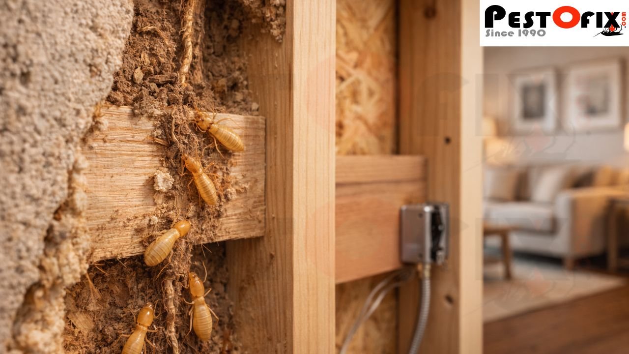 Termites moving unnoticed inside concealed structural wood of modern homes